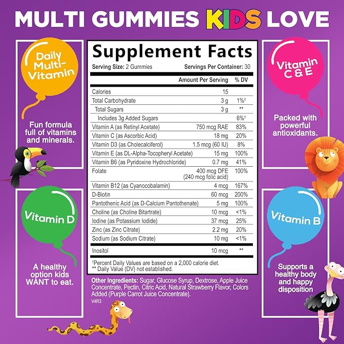 Kids Multivitamin Gummies - Daily Vitamins for Kids, Vitamin C, D3 & Zinc for Immune Support, Strawberry Flavored Gummies, Nature's Toddler & Kid Multi Vitamins, Non-GMO, Gluten Free - 60 Gummies