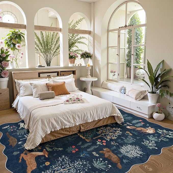 Lahome Jungle 8 x 10 Area Rugs for Living Room, Soft Large Area Rug Washable Dining Room Rug Ultra-Thin, Neutral Print Indoor Non Slip Carpets for Bedroom Nursery Office (Blue, 8'x10')