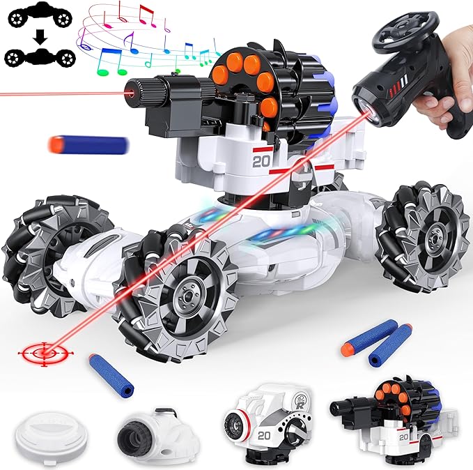 4 Head RC Tank Cars That Shoots Nerf Bullets, Bubble, Spray, Nerf Tank Remote Control Car for Boys 6 7 8 9 10 11 12 Year Old, RC Stunt Car Chase Light Control, LED Light, Music, Kids Toy Gift