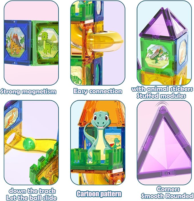 Dinosaur Magnetic Blocks Set, Upgrade DIY Magnets Building Blocks for Kids, 60 Piece Magnets Tiles for Boys and Girls Learning by Playing Games to Improve Imagination and Creativity