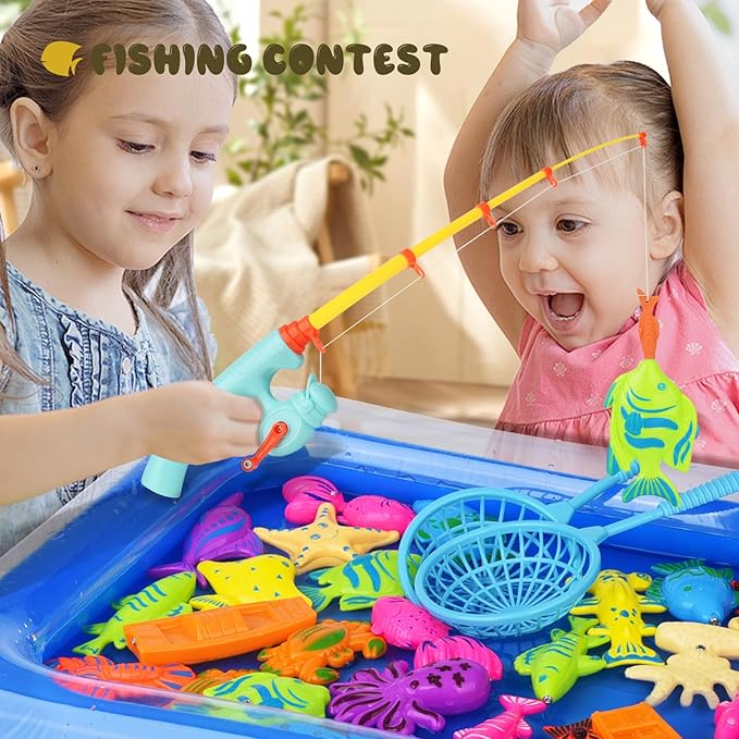 Magnetic Fishing Game 30 PC Ocean Sea Floating Fish Colorful Animals with Net Portable Storage Bag | Water Table Kiddie Pool Bathtub Game for Age 3 4 5 6 Year Kids Toddler(Large Set)
