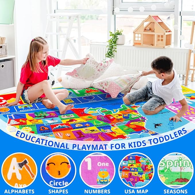 USA Map ABC Kid Rug for Playroom 78.7"×59" Classroom Play Rug Educational Baby Playmat Alphabet Rug State Symbols, ABC Letters, Numbers, Seasons&Shapes Fluffy Ployester Non-Slip Preschool Nursery Rug