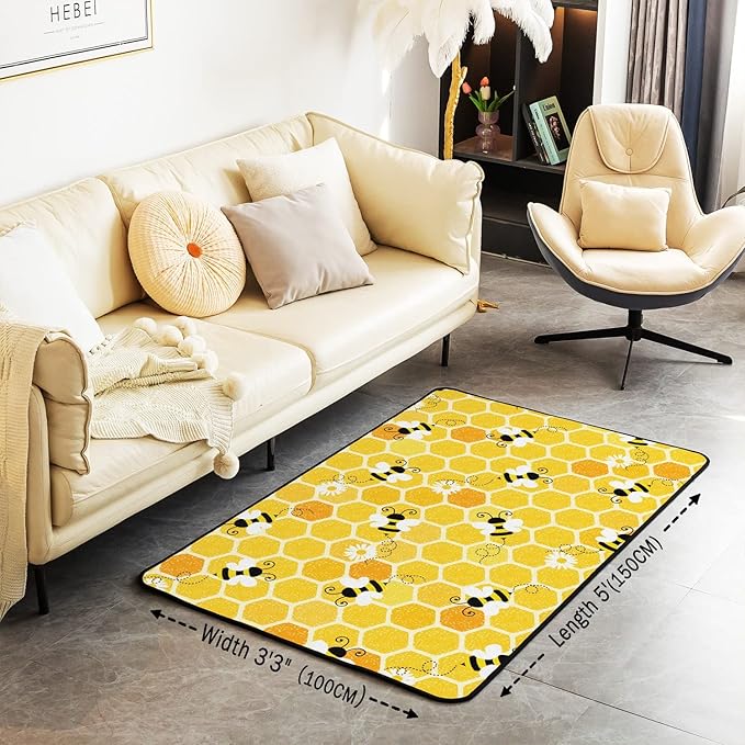 Erosebridal Bee Area Rug 3x5, Honeycomb Rug for Kids Boys Girls, Flying Wildlife Flowers Geometric Carpet for Bedside, Hexagon Beehive Farmhouse Floral Simplistic Geometry Non Slip Decorative Rug