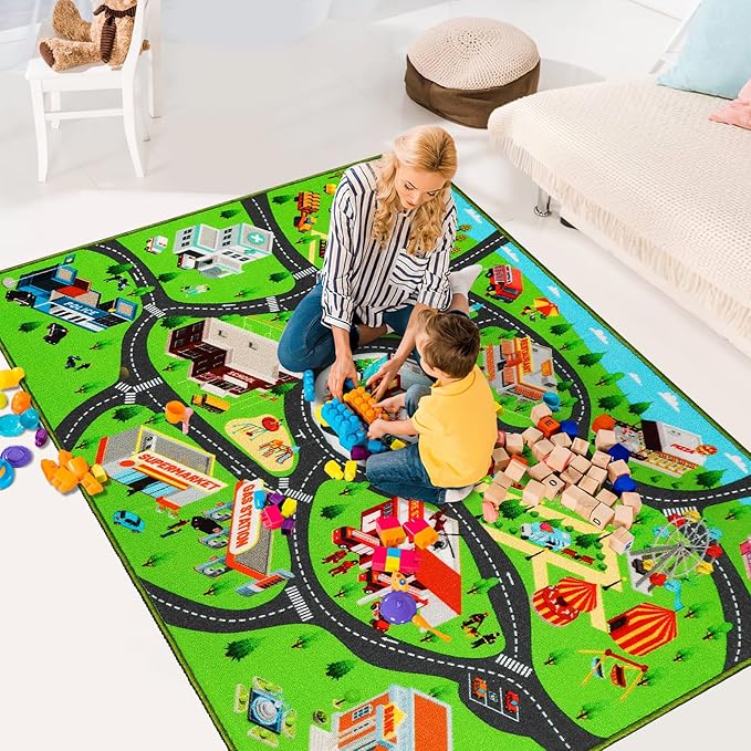 Kids Car Rug Play Mat - Extra Non-Slip Traffic Road Carpet for Playroom, Boys Bedroom, Classroom - City Map Educational Mat (78.7X59 Inch)