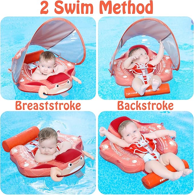 Mambobaby Float Add Tail Baby Swim Float with Canopy Solid Pool Infant Swim Trainer Swimming Training Lying Air Free Water Floats Non-Inflatable Waist Swim Ring for Toddlers (Crab)