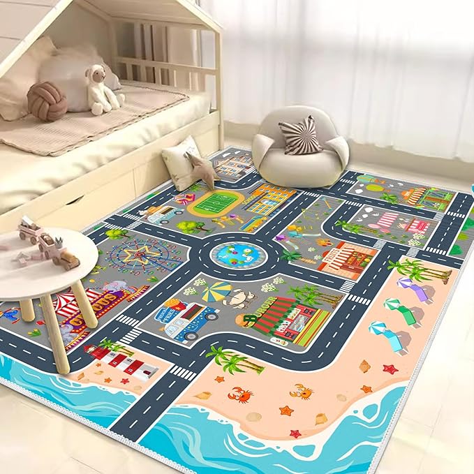 Kids Carpet Playmat Car Rug, Car Rug for Kids Toy Cars and Train, Non Slip Play Mat for Playroom Kids Room, City Life Educational Road Traffic Carpet for Classroom Nursery(Grey,79×118in)