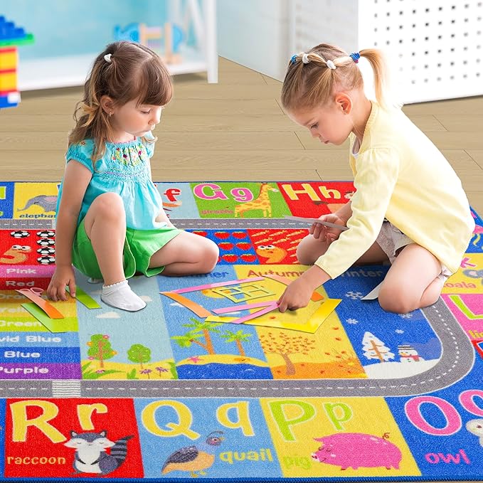 Kids Rug for Playroom Classroom, ABC Alphabet Numbers Play Toddlers Rugs, 4x6 Learning Educational Bedroom Floor Mat, Washable Baby Carpet for Boys Room, Nursery, Preschool, Daycare