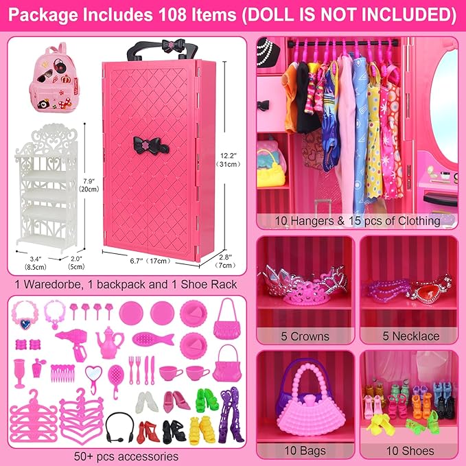 K.T. Fancy 108 Pcs 11.5 Inch Dolls Closet Wardrobe Include Clothes, Dresses, Shoes and Other Stuff for Girl Doll as Xmas Gift Present