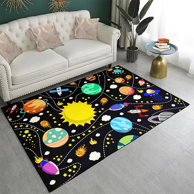 Outer Space Rug for Boys - Galaxy Carpet for Boys Room Cute Cartoon Universe Planet Area Rug Satellite Rockets Kids Baby Polyester Crystal Floor Mat Kids Play Carpet for Children Bedroom 3x4 ft