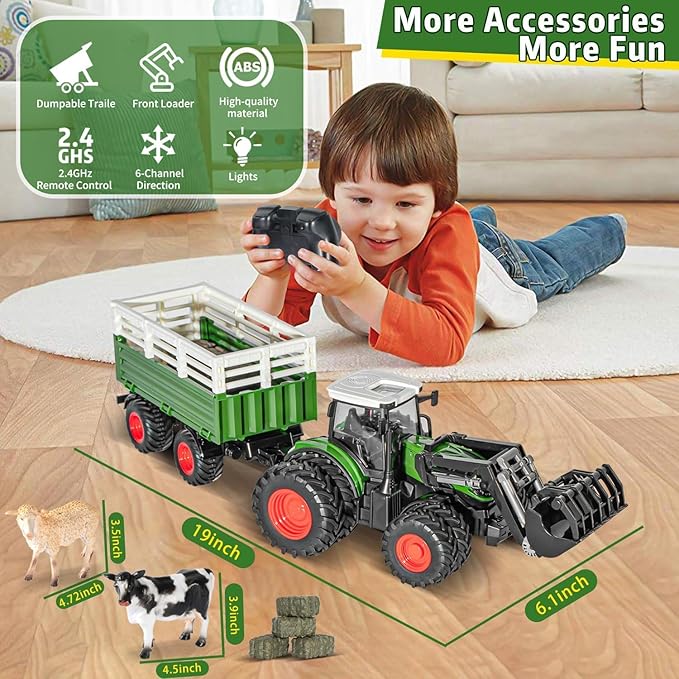 Remote Control Tractor Toy, 2.4 Ghz RC Tractor Toys for Kids 3-5, Toy Tractors Set with Trailer and Light/Loading Arm, Farm Animal Toys Include Cows, Sheep and Hay Bales, Toys for Boys 5-7