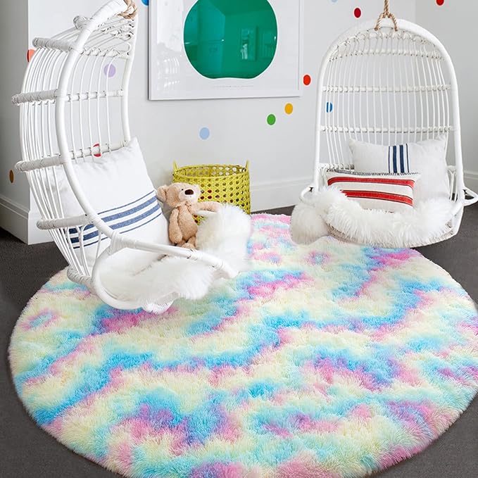 junovo Soft Round Rainbow Area Rugs for Girls Room, Fluffy Colorful Circle Rugs for Kids Bedroom, Cute Circular Rug Princess Castle Plush Shaggy Carpet for Kids Teen Baby Room Nursery Home Decor, 6ft