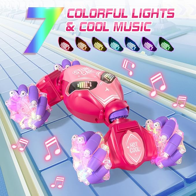 Axirata Gesture Sensing RC Stunt Car with Lights & Music for Girls Kids 6-12 Year Old 4WD 2.4GHz Hand Controlled Remote Control Car 360° Rotation Off-Road Toy Car Gift for Girls Kids(Pink)