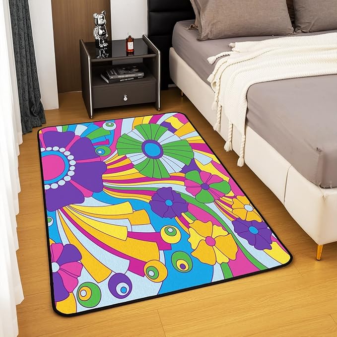 Psychedelic Flowers Area Rug 5x7 Hippie Rug Retro 60S 70S Groovy Power Floral Carpet for Kids Teen Adults Colorful Blossom Purple Green Trippy Non Slip Decorative Rug for Living Room