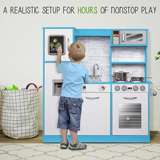 Lil' Jumbl Kids Kitchen Set, Pretend Wooden Play Kitchen, Battery Operated Icemaker & Microwave with Realistic Sound, Pots & Pan Included - Blue