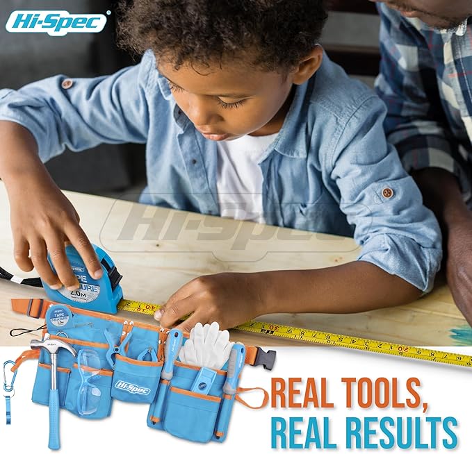Hi-Spec 16pc Blue Kids Tool Kit Set & Child Size Tool Belt. Real Set for DIY Building, Woodwork & Construction Learning for Kids