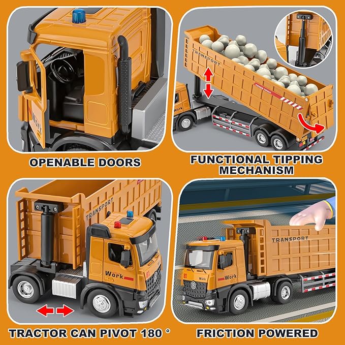 Dump Truck Toy for 3 4 5 6 7 Years Old Boys, Large Semi Truck with Metal Cab, Lights and Sounds, Friction Powered Tractor Trailer Car, Kids Birthday Gifts for Over 3 Years Old Boys Kids 16.5"