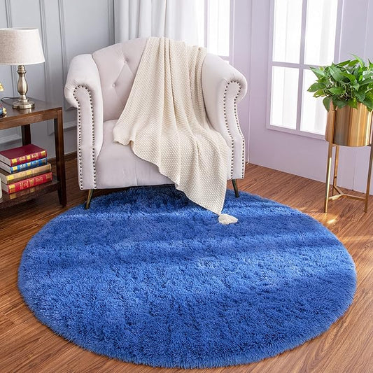 LOCHAS Luxury Round Fluffy Area Rugs for Bedroom Kids Girls Room Nursery, Super Soft Circle Rug, Cute Shaggy Carpet for Children Living Room, 4x4 Feet Light Navy