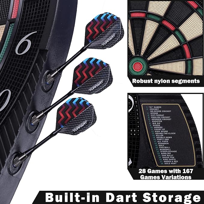 Turnart Electronic Dart Board - Dart Board Electronic Scoreboard for 16 Players - 6 Darts Plastic Tips 50 Soft Tips LED Display Power Adapter Throw Line