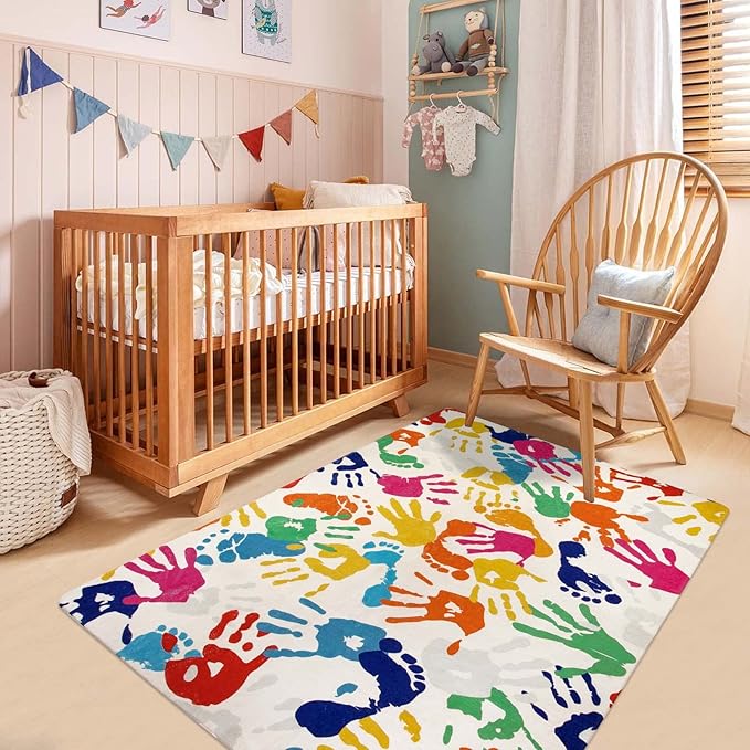 STARUIA Handprints and Footprints Kids Rug Play Carpet, 4'x6' Washable Colorful Area Rug for Nursery Room, Ultra Soft Non-Slip Indoor Play Mat for Bedroom Playroom Classroom