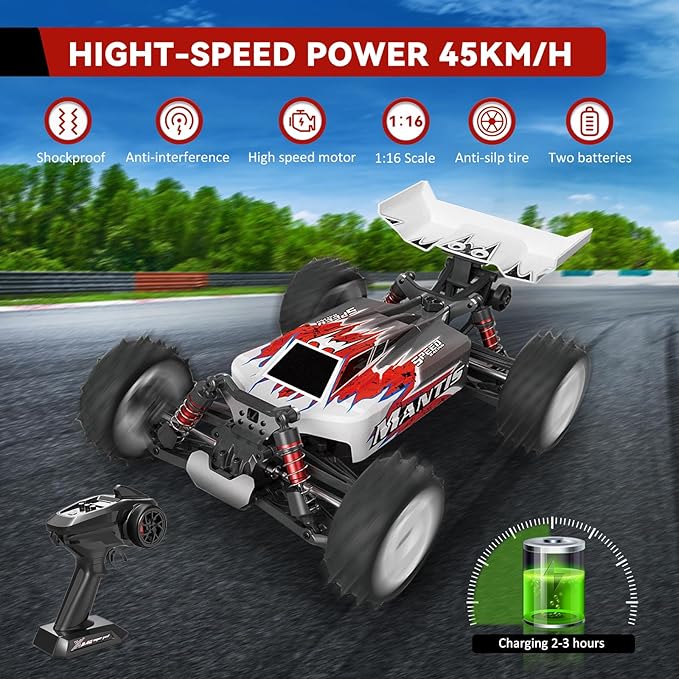 1/16 Fast Remote Control Car for Adults, Electric Vehicle Gift for Boys, High Speed RC with Max 48 mph Offroad Buggy, All Terrains RC Monster Truck with 2 sets of Rechargeable Batteries (Red)