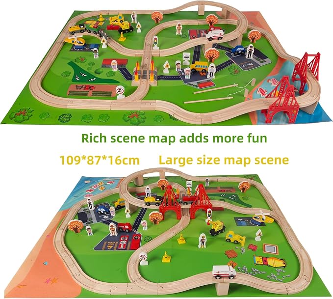 100 Pcs Wooden Train Track Set, Toys Train Railway Vehicles for 3-10 Years Old Kids Boys & Girls Christmas Toys, Fits with Thomas, Brio, IKEA, Melissa and Doug