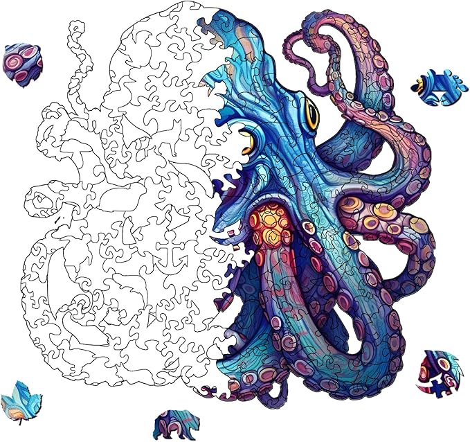 Wooden Puzzles for Adults, Octopus Wooden Jigsaw Puzzle, Unique Animal Shaped Puzzles, Premium Box Wood Cut Ocean Puzzles, Best Family Ideas (M-8.7 * 8.1in-140pcs)