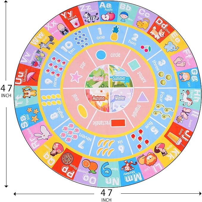 Kids Rugs for Playroom - Soft & Non-Slip 4x4 Feet Round Educational Rug for Learning ABC Alphabet, Numbers, Shapes & Map, Washable Classroom Rug for Toddler Nursery & Kids Room Decor