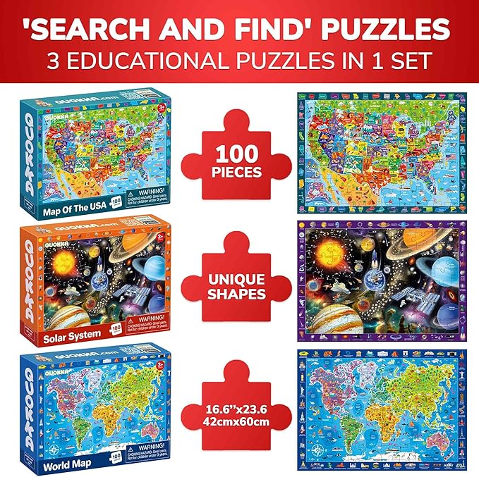 QUOKKA Puzzles for Kids Ages 4-6 - 3 Set 100 Piece Puzzles for Toddlers 3-5 - Learning Map of The United States World Space Puzzle - Educational Games for Kids 6-8 - Toys for 3 Year Old Boys and Girls