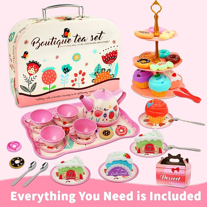 SMILESSKIDDO 46pcs Tea Party Set for Little Girls - Princess Tea Party Set,Kids Kitchen Pretend Play Toys - Toddler Tea Party Sets for Girls 3-5, Girls Tea Party Set Gift for 3 4 5 6 7 8 Girl(Garden)
