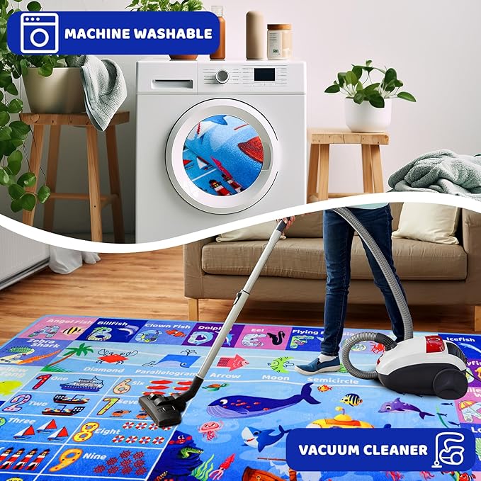 ABC Kids Rug for Playroom 47"×31.5" Ocean Playmat Baby Play Mat Alphabet Mat Sea Animal Number Shape Classroom Rug Kids Playroom Carpet Early Learning Carpet for Preschool Toddlers