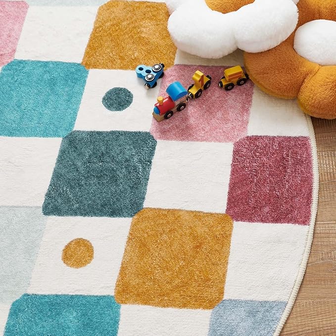 jinchan Round Rug 4ft Kids Washable Rug Colorful Trellis Indoor Floor Cover Non Slip Soft Modern Living Room Diamond Carpet for Nursery Room Bedroom Playroom Confetti on Cream