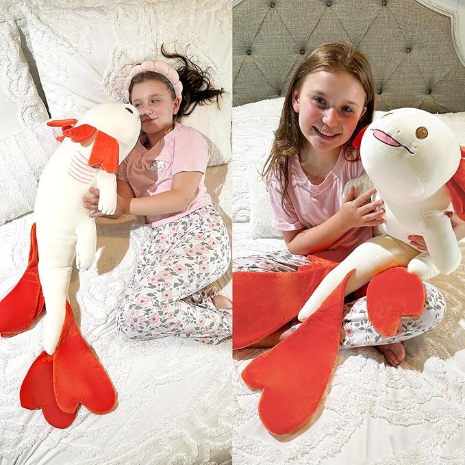 Axolotl Stuffed Animals Long Body Throw Pillow, Giant Love Heart Salamander Plush Bolster Body Pillow, Christmas Birthday Valentines Gift for Sider Sleeper Kids Girls Boys Adults