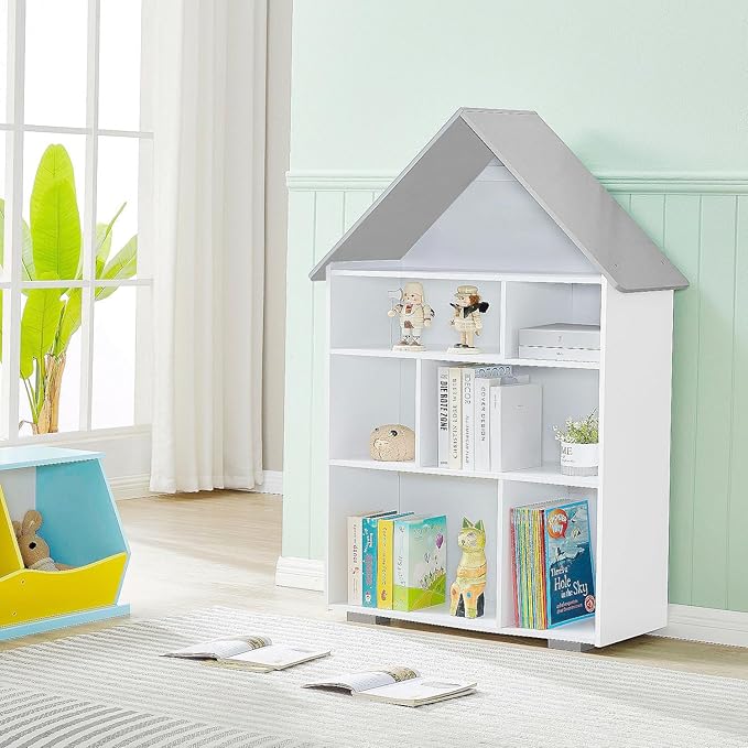 Wooden Dollhouse Bookshelf 4-Tier Children's Bookcase Display Storage Doll House Organizer Furniture for Kids Bedroom Playroom Nursery Kindergarten Gift for Girls Boys Ages 3-8 Years Old