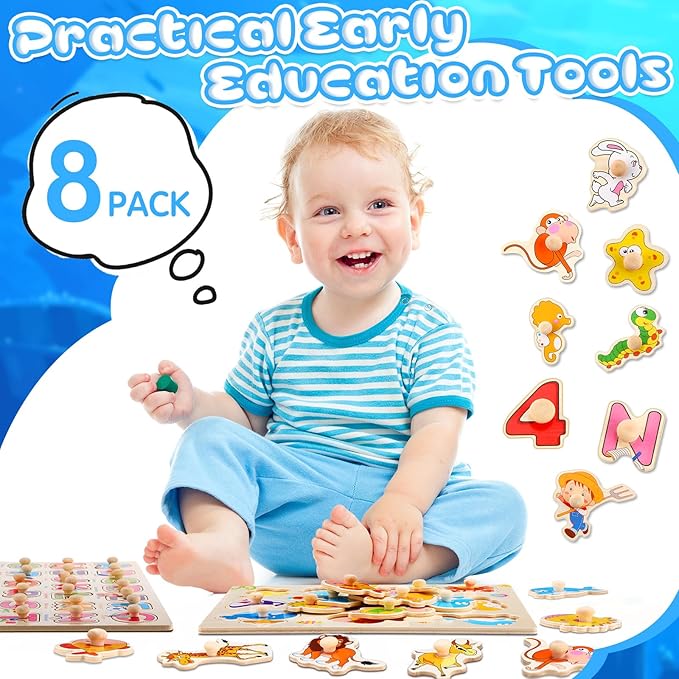 Chivao 8 Set Wooden Peg Puzzles for Toddlers 2-4 Years Alphabet Number Animal Vehicles Puzzles Board for Kids Educational Learning Toys for Children Babies Boys Girls(Cute)
