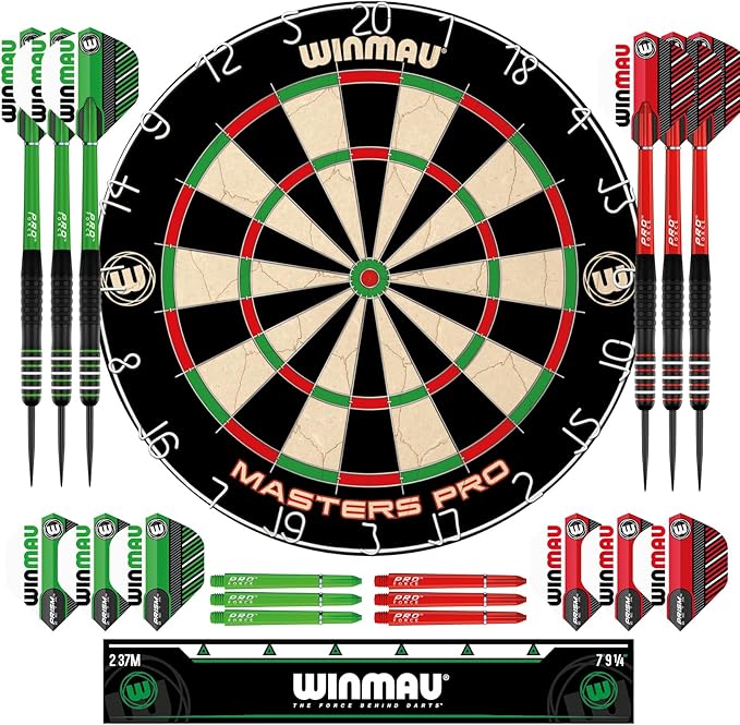 Winmau Darts - Masters Pro Premium Bristle Dartboard Set - Includes Dart Board, Darts, Flights, Shafts and Oche Strip - Professional Steel Tip Darts & Dart Board for Adults