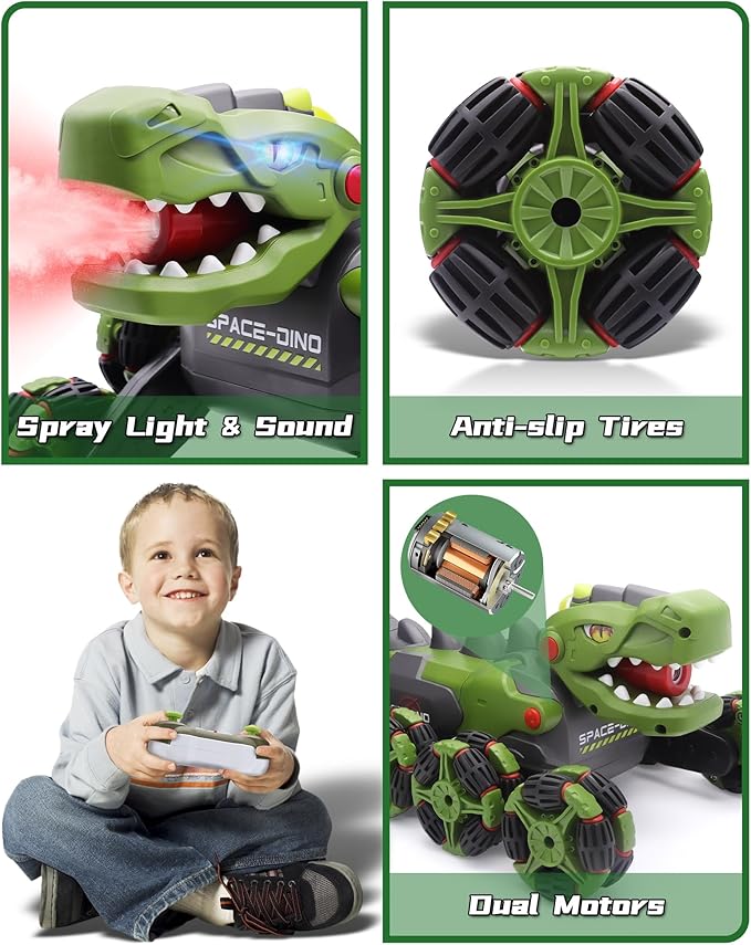 Remote Control RC Car Dinosaur Toys : RC Car Dinosaur Change with Spray for Boys 7 8 12, 2.4 GHz Monster Truck Stunt Vehicle, Remote Control Toys Gifts for Kids,Green