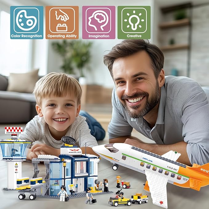 Airplane Building Set, City Airport Passenger Plane Toy for 6+ Year Old Boys and Girls, Compatible with Lego Plane, with an Airplane, Control Tower, Terminal, Baggage Cart, and 8 Minifigures