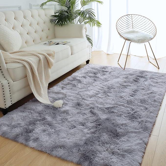AROGAN Soft Rainbow Area Rugs for Girls Room 4x6 Feet, Fluffy Girls Bedroom Rugs, Princess Rug, Cute Colorful Carpet for Kids Teens Nursery Toddler, Grey