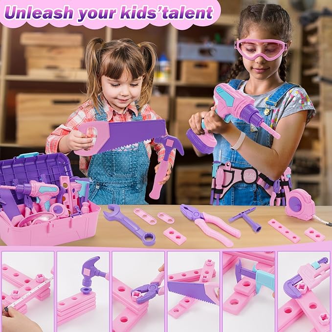 Kids Tool Set, 67 PCS Pink Kids Tool Box for Girls, Electronic Toy Drill&Tape Measure, Pretend Play Girls Toys Construction Tools Kit & Belt, Christmas Birthday Gift Ideas Toddler Tool Set Age 3 4 5+