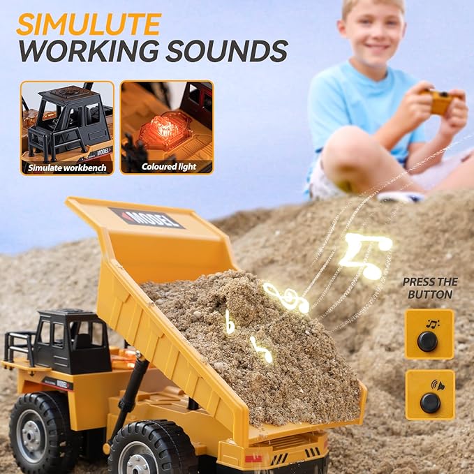RC Dump Truck Toys for Boys, 11 Channel Remote Control Dump Truck, RC Construction Vehicles with Sound and Light, Perfect Dump Truck Set Toy for Boys 6 7 8 9 10 11 12