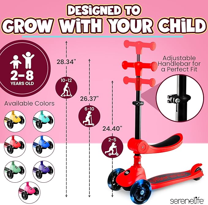 SereneLife 3 Wheel Foldable Kids Scooter - Foldable Seat, LED Wheel Lights, Adjustable Handlebar, Rear Foot Brake, Lean-to-Steer, Anti-Slip Deck, Ideal for Toddlers Kids 3+, up to 110Lbs