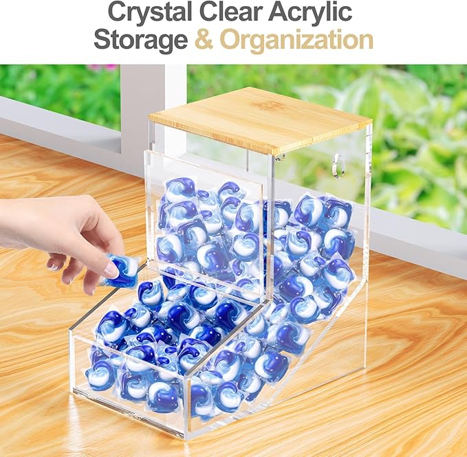 TCJJ Acrylic Laundry Pods Container & Dishwasher Pods Holder - Wall Mountable & Freestanding Dispenser with 2 Lids for Powder, Dryer Balls, Beads - Sturdy 3mm Clear Acrylic Design Fits Any Home Decor