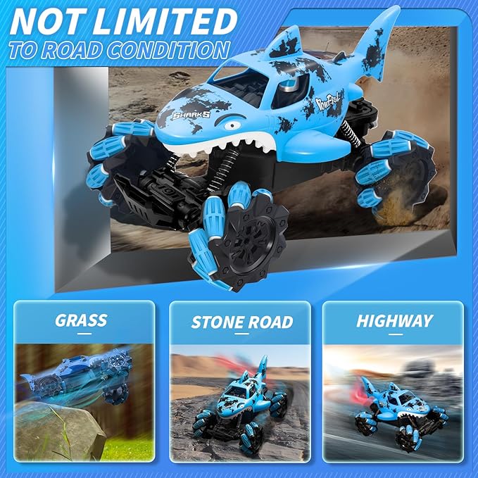 Ansee RC Cars for Kids, Shark Remote Control Car for Boys, 2.4GHz 360 Flips Rotating All Terrains RC Truck with Water Shooting, Sound & Spray Remote Control Truck Toys for Boys Girls Gifts (Blue)
