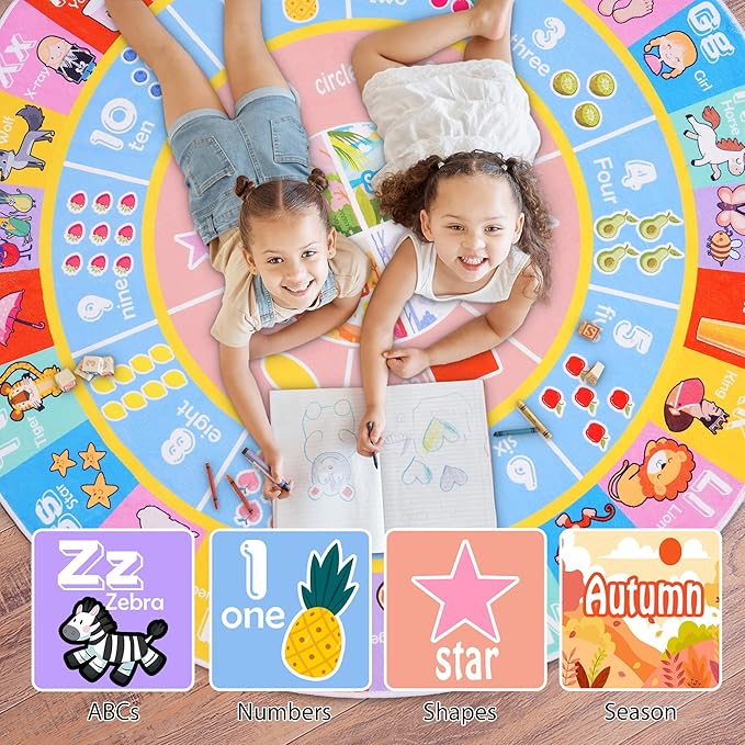 Kids Rugs for Playroom - Soft & Non-Slip 4x4 Feet Round Educational Rug for Learning ABC Alphabet, Numbers, Shapes & Map, Washable Classroom Rug for Toddler Nursery & Kids Room Decor