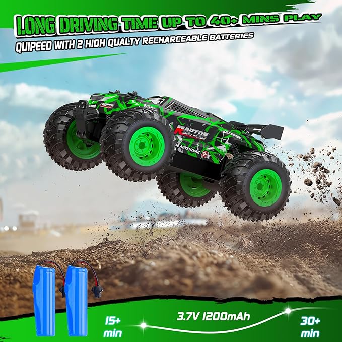 Remote Control Car, 1:18, All-Terrain Remote Control Truck with Headlight and Bodylight, 2WD, 20KM/H, PVC Shell, 2.4GHz, Rechargeable, Sturdy, Two Speed Control, Rc Cars for Kids, Green