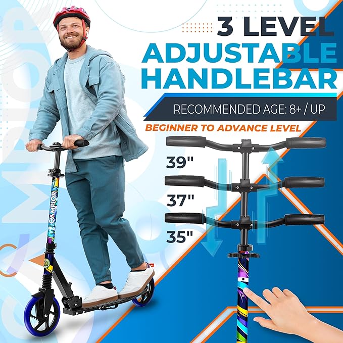 Kick Scooter for Ages 6+, for Kids, Teens, and Adults, Max Load 240 LBS, Foldable, 8-inch Big Wheels for Kids and Adults, with Kickstand, 3 Adjustable Levels, Child Safety Approved, Tree