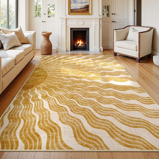 Boho Machine Washable Rug 6x9, Sun Print Soft 6x9 Nursery Rug for Bedroom, Ultra-Thin Non Slip Kids Large Carpet for Living Room Classroom Playroom Office(6'x9',Gold/Multi)