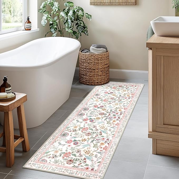 Floral Washable Runner Rug, 2x6 Pink Rug Runners for Hallways Non-Slip, Soft Low Pile Flower Birds Bathroom Runner Rug Botanical Throw Carpet for Kitchen Laundry Entryway Porch