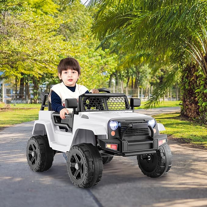 Costzon Ride on Car, 12V Battery Powered Truck Vehicle with Remote Control, Spring Suspension, Headlights, Music, Horn, MP3, USB & Aux Port, Gift for Boys Girls, Electric Car for Kids (White)