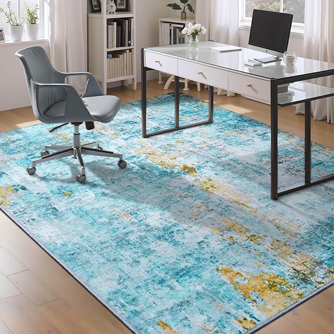 Ompaa Living Room Rug 8x10 Teal Blue Area Rugs Machine Washable Abstract Boho Large Rug Non-Slip Non-Shedding Faux Wool Indoor Vintage Carpet for Bedroom, Classroom, Dining Room, Kids Playroom